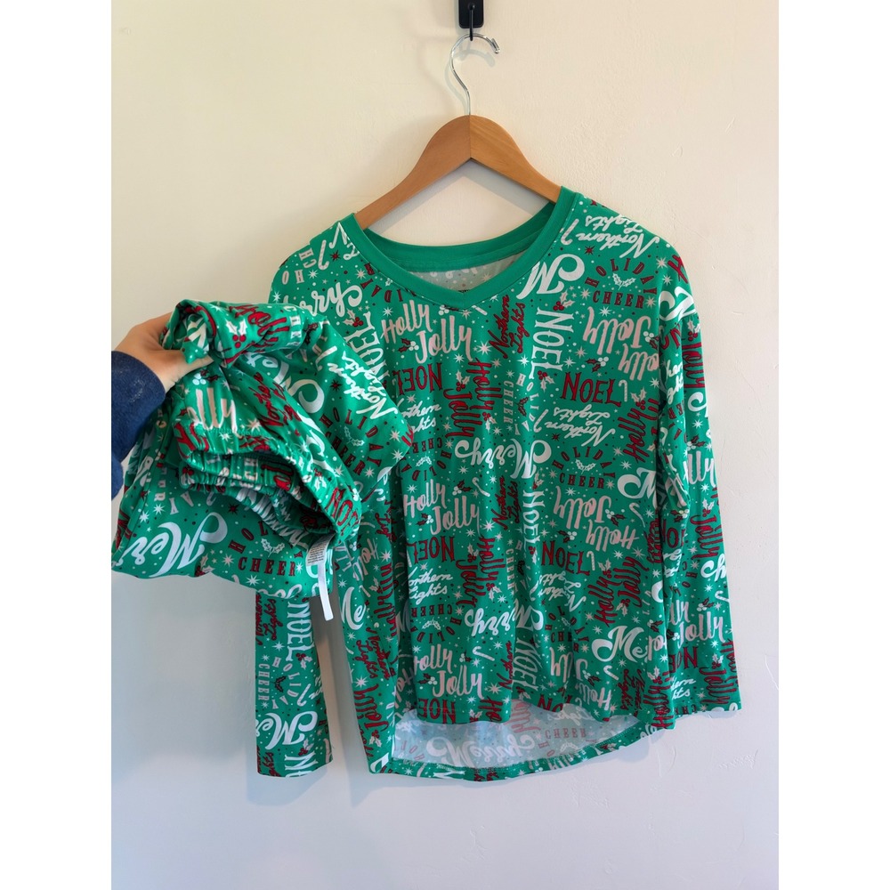 Joyspun Womens Christmas Pajama Set Green Holly Jolly Noel Print Size S 4-6